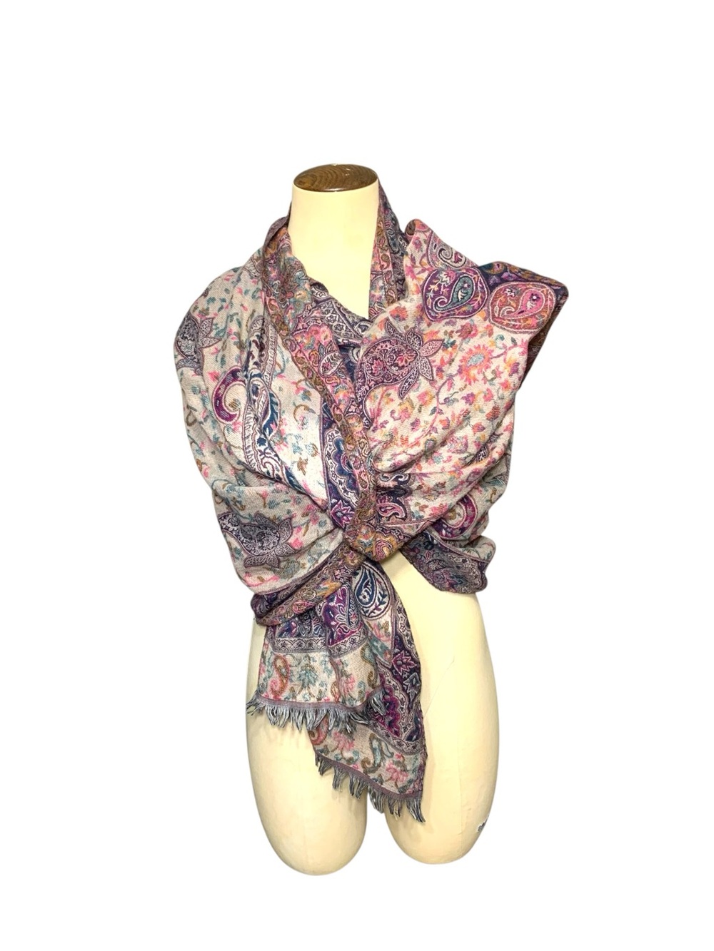 Paisley Woven Scarf Wrap Purple Cream Rectangle Fringed Shawl 28"X80" Reversible - Picture 1 of 11